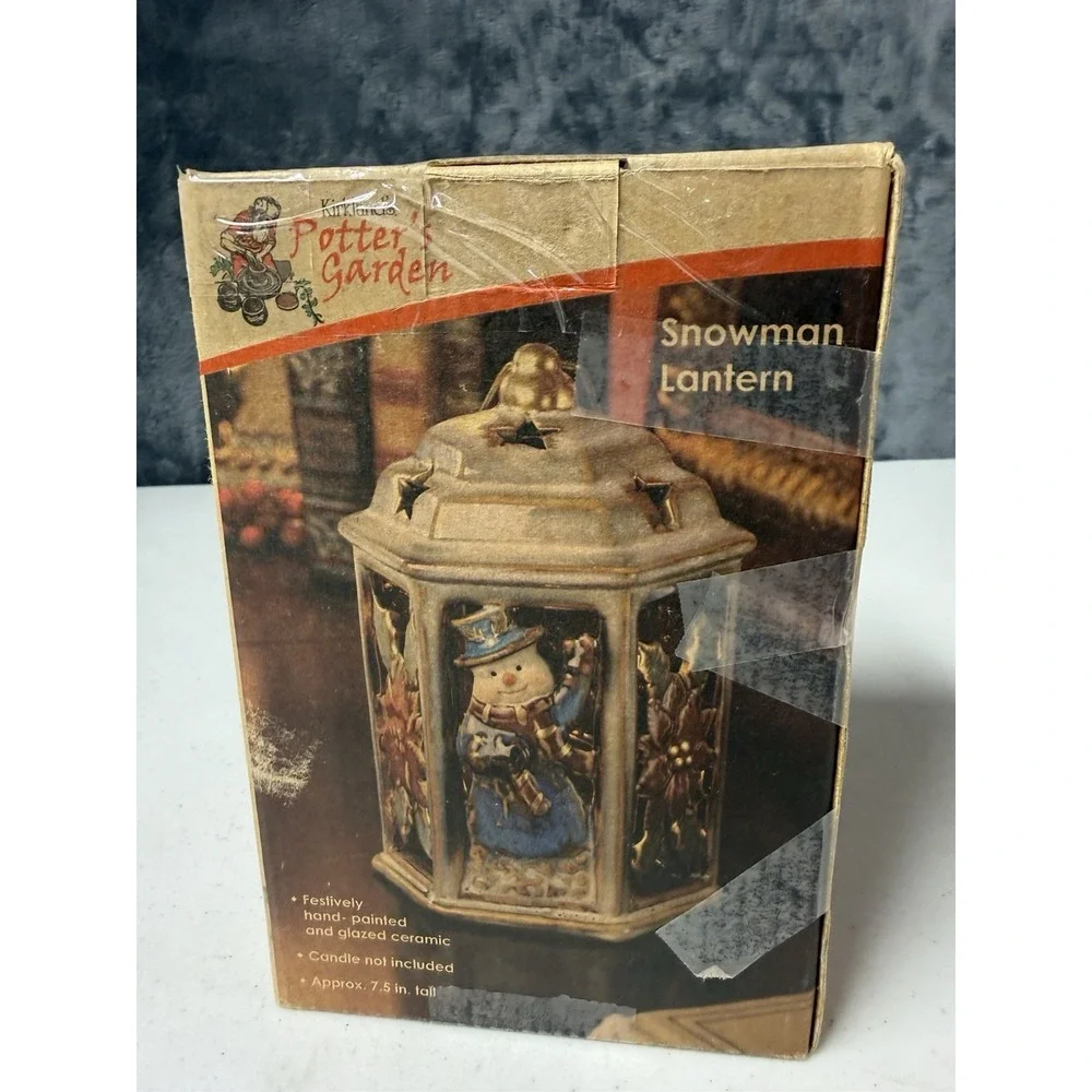 Kirkland's Snowman & Poinsettia Tea Light Holder Christmas Ceramic Lantern Shape